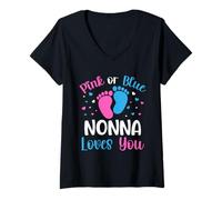 Womens Pink Or Blue Nonna Loves You Gender Reveal Baby Shower Party V-Neck T-Shirt