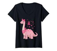 Womens Pink Ribbon Cartoon Brontosaurus for Breast Cancer Awareness V-Neck T-Shirt