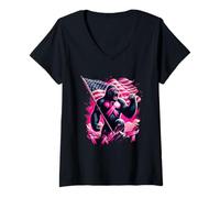 Womens Pink Ribbon Gorilla Breast Cancer Awareness Month USA Flag V-Neck T-Shirt