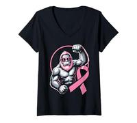 Womens Pink Ribbon Gorilla Flex Power Breast Cancer Awareness V-Neck T-Shirt
