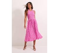 Womens Pink Spot Shirred Bodice Halterneck Jersey Midi Dress Pink 16