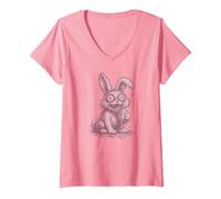 Women's Pink Unhinged Bunny Has Seen Things Easter Rabbit V-Neck T-Shirt