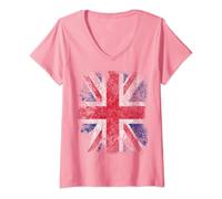 Womens Pink Union Jack British Flag England Great Britain Vintage V-Neck T-Shirt