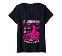 Womens Pink Woman Without Man Like Fish Bicycle Feminist Girl Power V-Neck T-Shirt