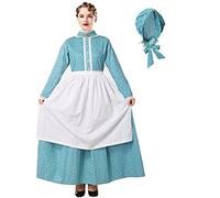 Women's Pioneer Dress Floral Prairie Pilgrim Colonial Civil War Dress Maid Dress Laura Ingalls Costume (M, Blue)