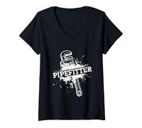 Womens Pipefitter Grunge Wrench Plumping V-Neck T-Shirt