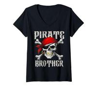 Womens Pirate Brother Jolly Roger Flag & Skull Crossbones Halloween V-Neck T-Shirt