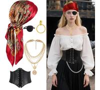 Women's Pirate Costume, Medieval Pirate Costume Accessory Set, Pirate Headscarf, Eye Patch, Waist Corset, Earrings, Necklace, Pirate Accessories Set, for Carnival, Halloween, Cosplay, Pack of 5