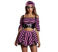Women's Pirate Costume Set with Top,Skirt,Headscarf Pirate Eye Patch for Halloween Party, Masquerade, Stage Performance (A-Lavender, XL)