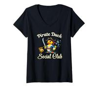 Womens Pirate Duck Social Club Hunting Hiding Treasure On Ship Fun V-Neck T-Shirt