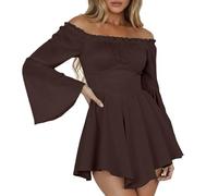 Women's Pirate Outfit Off Shoulder Renaissance Mini Dress Halloween Costume | Sexy Off Shoulder, Halloween Pirate Outfit, Front Tie, Stretchy Smocked Corset Waist, Flared Bell Sleeve, Irregular Hem