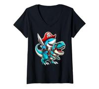 Womens Pirate Shark Riding Trex Dinosaur Freeboater Boat Pirate V-Neck T-Shirt