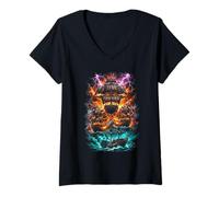 Women's Pirate Ship Battle in Stormy Sea Design V-Neck T-Shirt