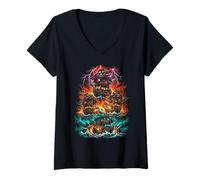 Women's Pirate Ship Battle in Stormy Sea Skull Flag Artwork V-Neck T-Shirt