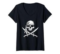 Womens Pirate Skull and Crossed Swords V-Neck T-Shirt