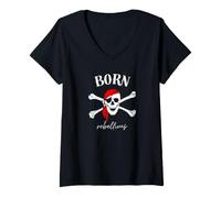 Women's Pirate Skull - Born Rebellious V-Neck T-Shirt