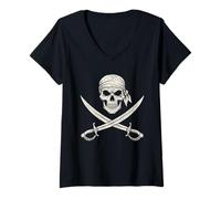Womens Pirate Skull Crossed Swords Jolly Roger Vintage Halloween V-Neck T-Shirt