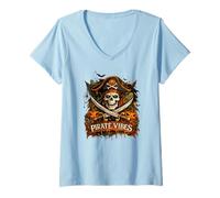 Women's Pirate Vibes Halloween Themed Jack O Lantern Pumpkin Artwork V-Neck T-Shirt