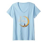 Womens Pisces Constellation Fishes Star Watching Cat Crescent Moon V-Neck T-Shirt
