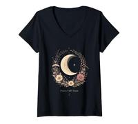 Women's Pisces Full Moon Cottagecore Astrology Botanical Crescent V-Neck T-Shirt
