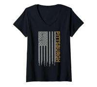 Womens Pittsburgh American Flag Patriotic USA City Pittsburgh V-Neck T-Shirt