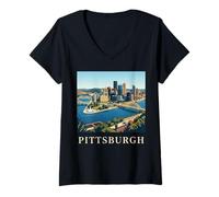 Women's Pittsburgh Pennsylvania Retro Vintage Skyline River Bridge V-Neck T-Shirt