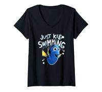 Women's Pixar Finding Nemo Dory Just Keep Swimming V-Neck T-Shirt, Black, Small
