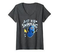 Women's Pixar Finding Nemo Dory Just Keep Swimming V-Neck T-Shirt, Dark Heather Grey, Large