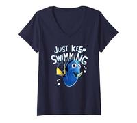 Women's Pixar Finding Nemo Dory Just Keep Swimming V-Neck T-Shirt, Navy Blue, Medium