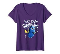 Women's Pixar Finding Nemo Dory Just Keep Swimming V-Neck T-Shirt, Purple, Large