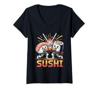 Womens Pixel Art Sushi Warriors Battling With Chopstick Swords V-Neck T-Shirt