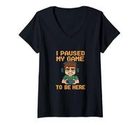 Womens Pixel Gamer Paused Game Headset Retro Gaming Mood V-Neck T-Shirt