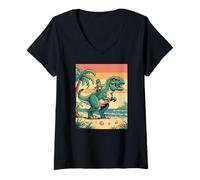 Women's Pixel Leprechaun T Rex Beach Retro 8 Bit Sunset Art V-Neck T-Shirt