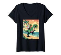 Women's Pixel Leprechaun T Rex Unicorn Beach Retro 8 Bit Sunset Art V-Neck T-Shirt