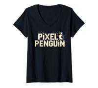Womens Pixel Penguin Retro Gaming Penguin Joystick for Gamer V-Neck T-Shirt