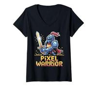 Womens Pixel Warrior - Knight Holding Sword Retro Pixel Art V-Neck T-Shirt
