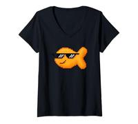 Womens Pixelated Goldfish Cracker With Thug Pixel Sunglasses V-Neck T-Shirt