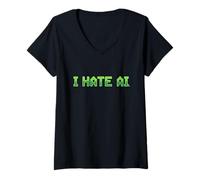 Women's Pixelated I Hate AI Design - Tech Humor AI Programmer V-Neck T-Shirt