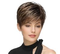 Women'S Pixie Cut Wig, Synthetic Hair With Brown And Blonde Highlights, Heat-Resistant, Adjustable For Various Head Sizes