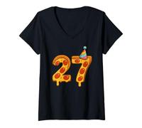 Womens Pizza 27th Birthday 27 Years Old Party Hat Bday Boys Girls V-Neck T-Shirt