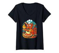 Womens Pizza Chef Dragon Cooking in Fiery Kitchen, Fun Art V-Neck T-Shirt