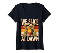 Women's Pizza Frog We Slice At Dawn Food Humor V-Neck T-Shirt