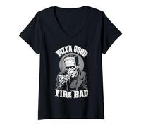 Womens Pizza Good Fire Bad Funny Frankenstein Halloween Slice Chef V-Neck T-Shirt