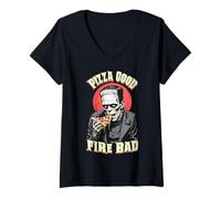 Womens Pizza Good Fire Bad Funny Frankenstein Halloween Slice Chef V-Neck T-Shirt