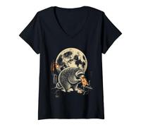 Women's Pizza Raccoon for Night Snack Lovers Under Magic Full Moon V-Neck T-Shirt