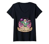 Women's Pizza Space Ranger Dinosaur Galaxy Explorer Cosmic Adventure V-Neck T-Shirt