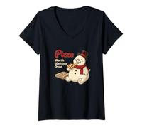 Womens Pizza Worth Melting Over Funny Snowman Holiday Foodie V-Neck T-Shirt