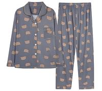 Women'S Pjs Set - Button Up Pyjamas For Women Petite, Comfortable Soft Autumn Sleepwear Outfits Casual Home Co Ord Set Cozy Warm Pyjama Sets Fashion Striped Print Loungewear Set Dark Gray