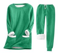 women's pjs set travel sets for women clothes Pyjamas for Women 2 Piece Pyjamas Sets Warm Soft Fleece Pajamas With Pockets Winter Long Sleeve Crewneck Tunic Tops And Wide mens pyjamas set Green