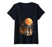 Women's Plague Doctor Halloween Bicycle Full Moon V-Neck T-Shirt